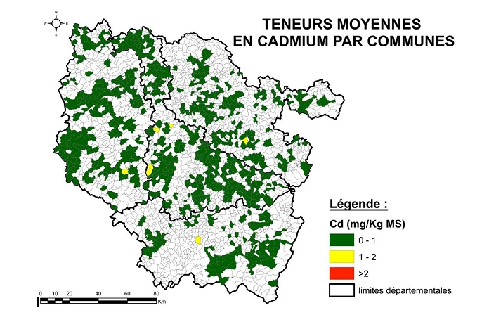 Carte des teneurs moyennes en cadmium par communes en Lorraine